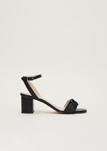 Phase Eight Black Leather Open Toe Block Heels Black USA | 3719086-NF